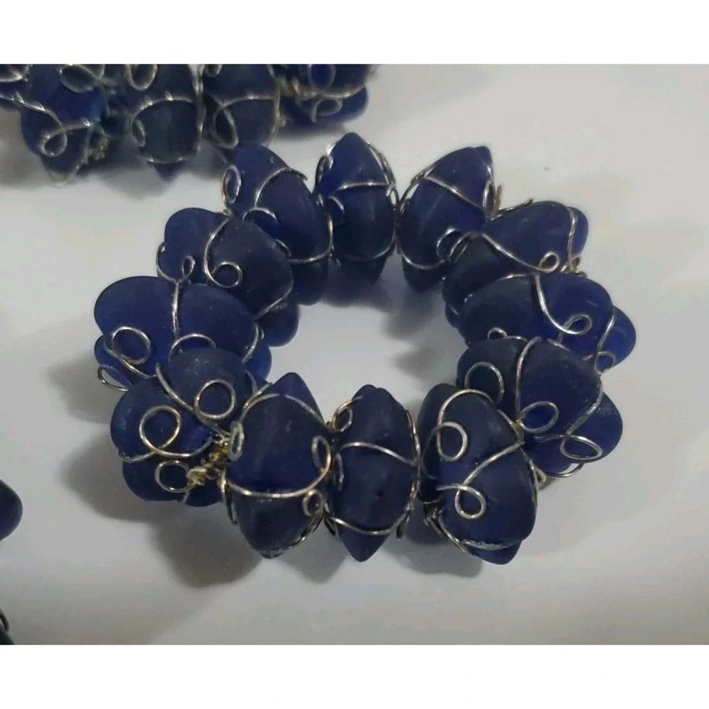 Vintage‎ Blue Stone and Wire Napkin Rings set of 6 Abstract Bohemian Summer Fall